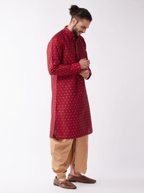 Vastramay Men's Maroon Zari Weaved Kurta Dhoti Set